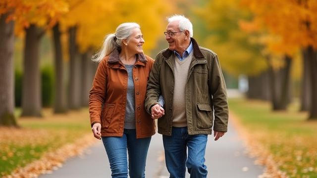 Elderly couple walking on a path in a park, smiling and holding hands.