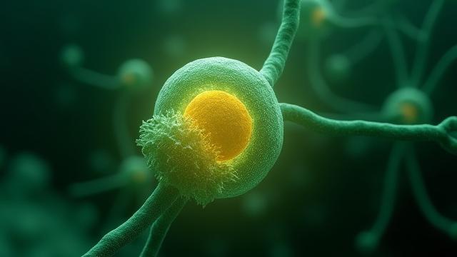 Microscopic view of cellular autophagy, showing lysosomes encapsulating cellular debris, representing cellular regeneration.