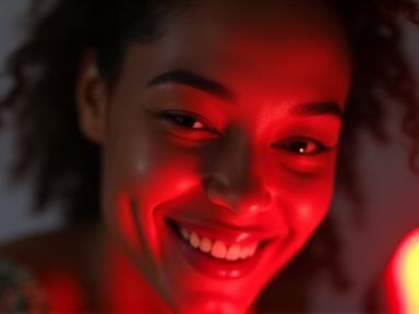 A person using a compact red light therapy device on their neck, showing a soft red glow.