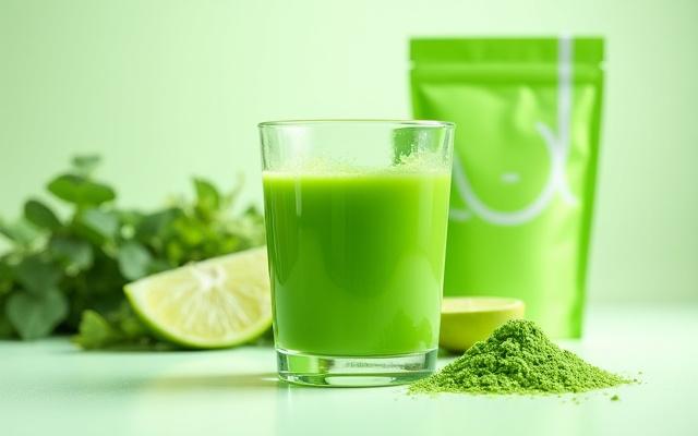 Athletic Greens AG1 powder in a glass with a whisk next to the packaging.